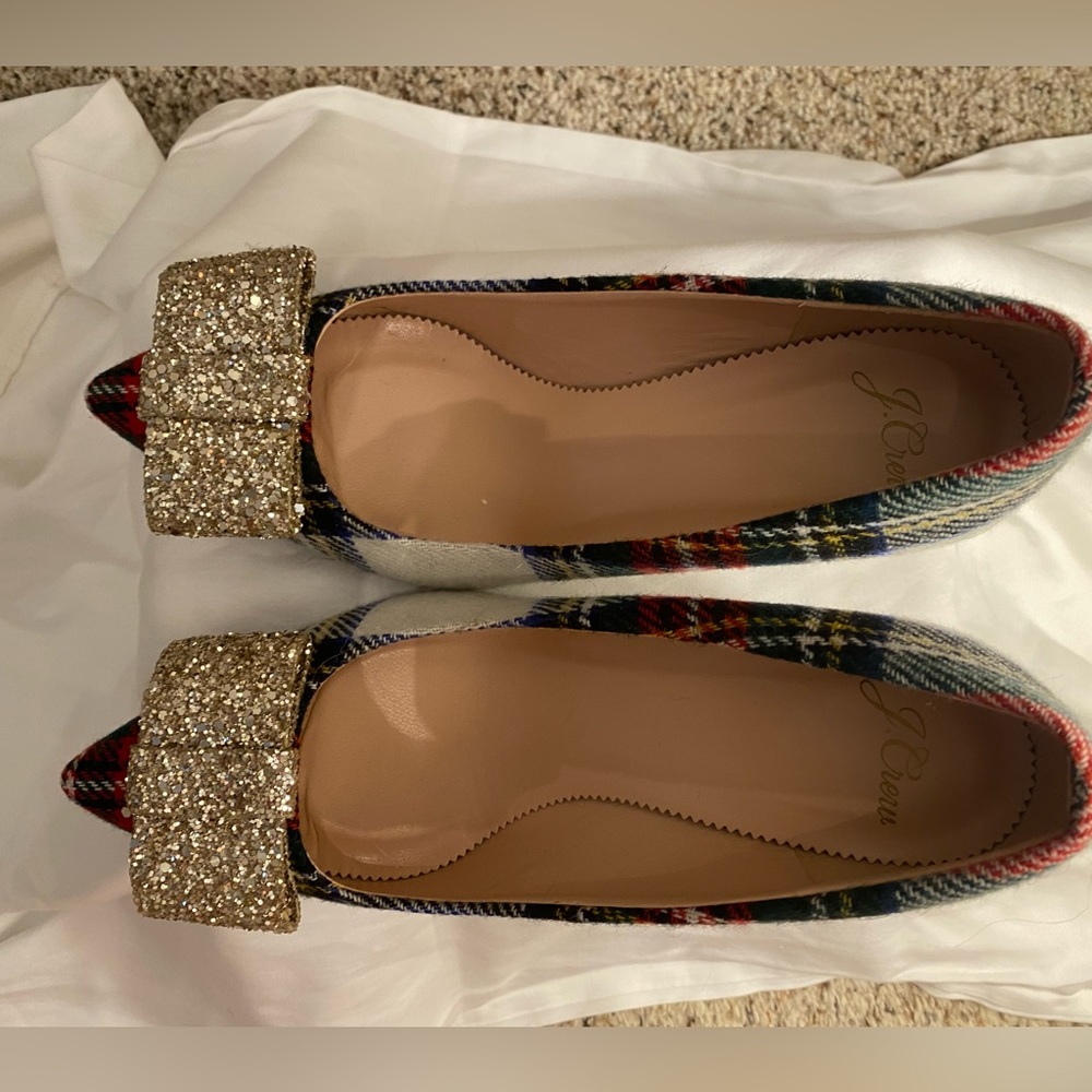 6.5 plaid JCrew with silver glitter bows
